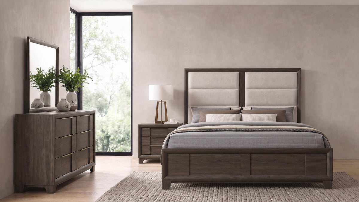 Farre Dark Brown/Beige 4-Piece Eastern King Upholstered Bedroom Set