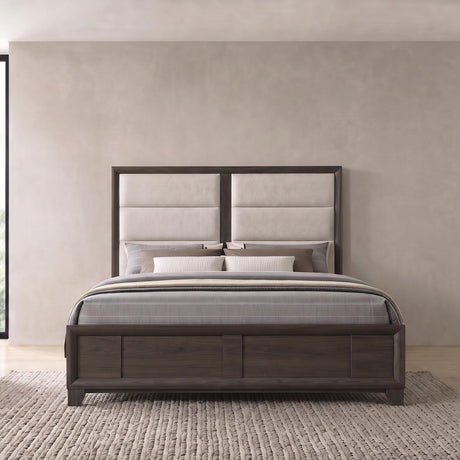 Farre Dark Brown/Beige Eastern King Upholstered Platform Panel Bed from Coaster - Luna Furniture