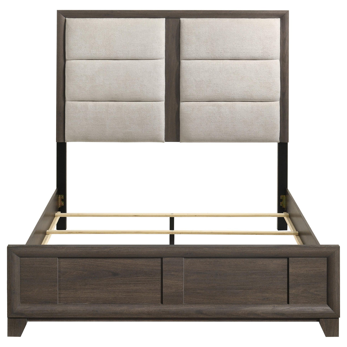 Farre Dark Brown/Beige Eastern King Upholstered Platform Panel Bed