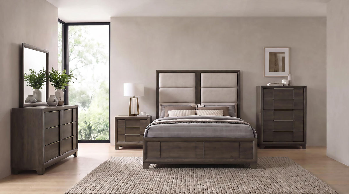 Farre Dark Brown/Beige Queen Upholstered Platform Panel Bed