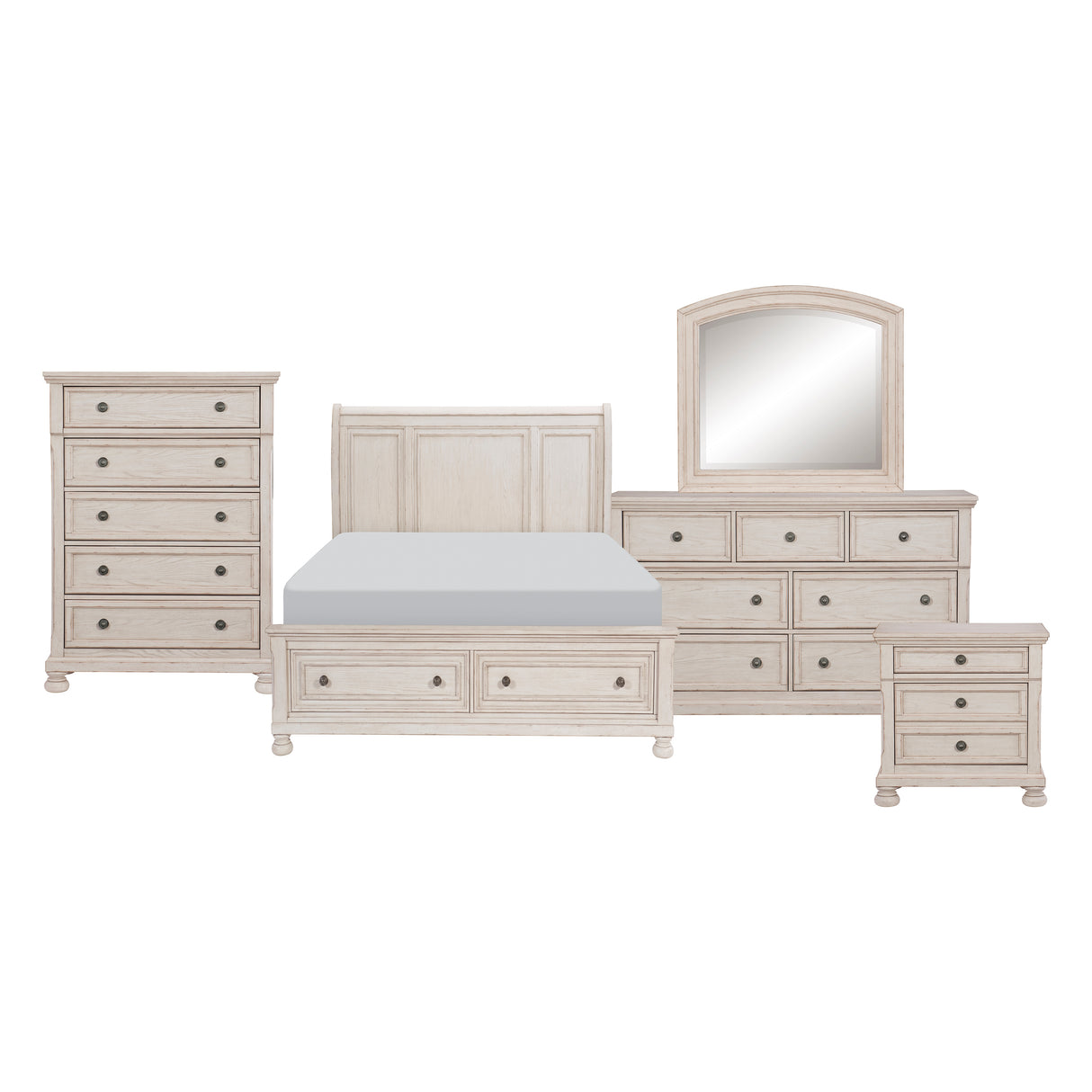 Bethel Wire Brushed White 5-Piece Bedroom Set (Queen Bed, Nightstand, Dresser, Mirror, Chest) from Homelegance - Luna Furniture