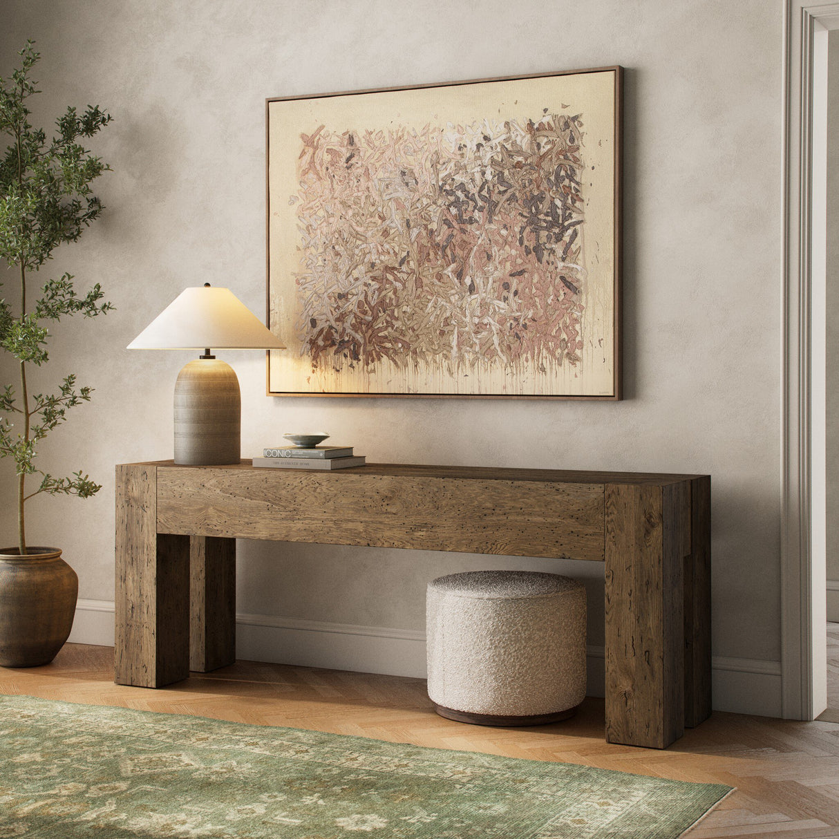 Abaso Console Table in Rustic Wormwood Oak from Four Hands - Luna Furniture