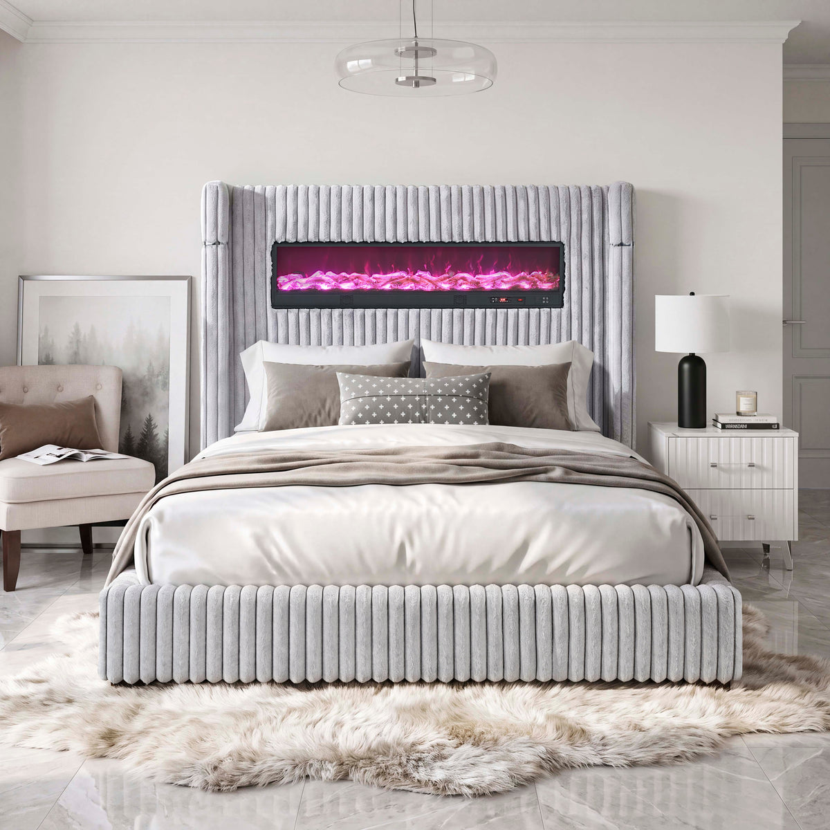 Fitzroy Gray Upholstered King Bed with Fireplace