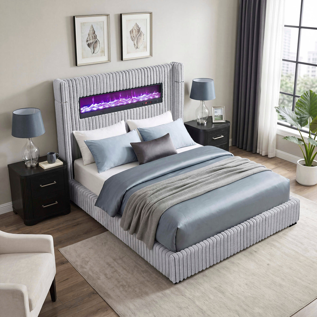 Fitzroy Gray Upholstered Queen Bed with Fireplace