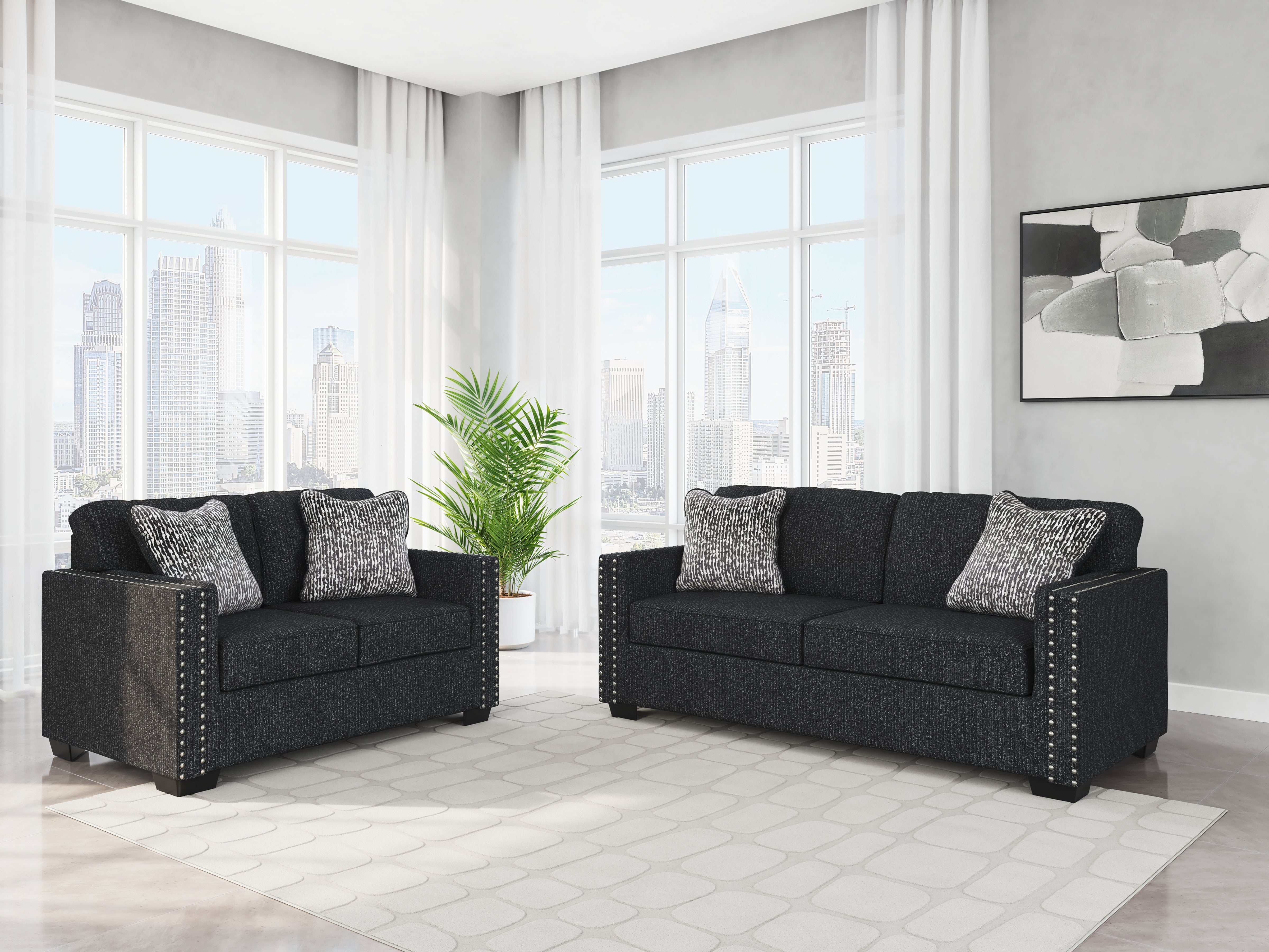 ꧁Ashley アシュレイ꧂2人掛けソファ ラブ クッション 鋲打ち アメリカ製 Ashley Jasmine Peaks Coal Sofa and Loveseat – Luna Furniture