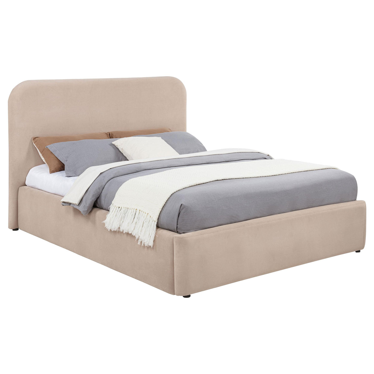 Anders Beige full storage lift platform bed, made bed styling, three-quarter view