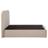 Anders Beige full storage lift platform bed, rear side view, upholstered headboard and base