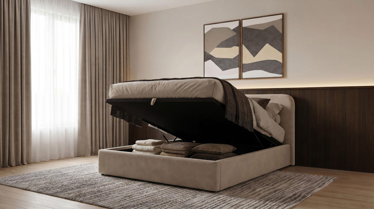 Anders Beige full storage lift platform bed, rear view, beige upholstered back panel