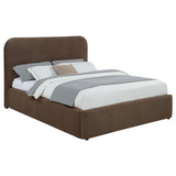 Anders Chocolate full storage lift platform bed, upholstered headboard and neutral bedding, three-quarter view