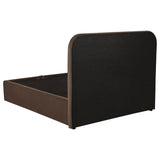 Anders Chocolate full storage lift platform bed, rear upholstered panel and low platform frame, back three-quarter view