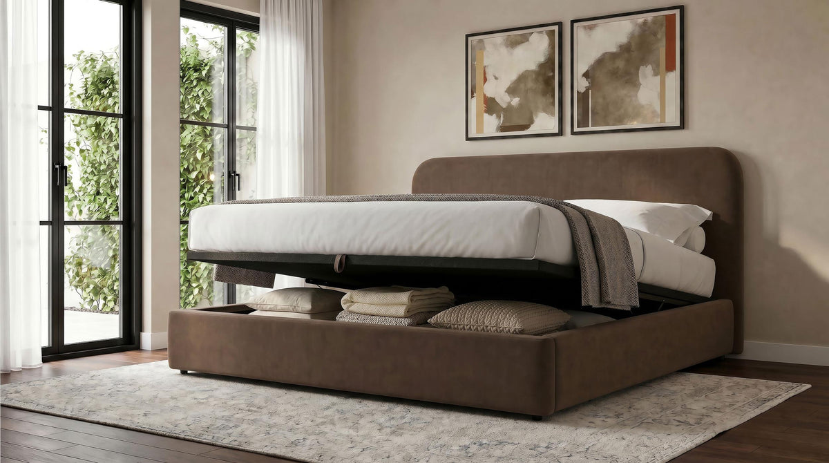 Anders Chocolate Eastern King Upholstered Lift-Up Storage Platform Bed from Coaster - Luna Furniture