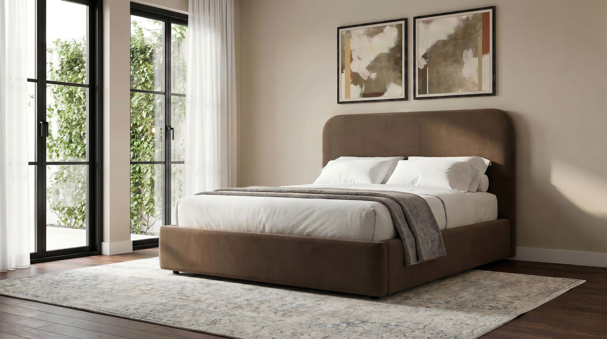 Anders Chocolate Queen storage lift bed in bedroom setting, upholstered headboard and low profile