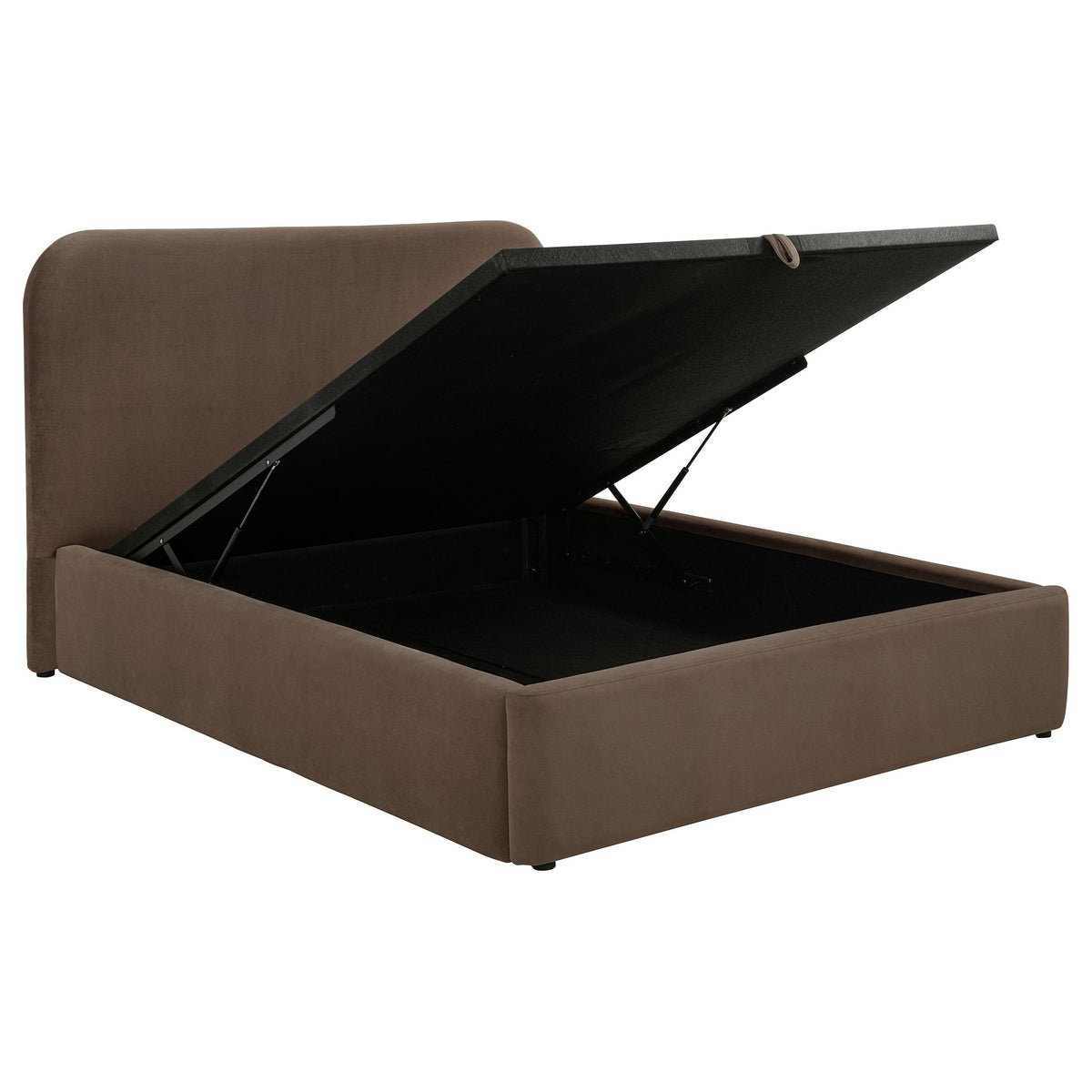 Anders Chocolate Queen storage lift bed, open platform and black storage interior, three-quarter view