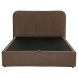 Anders Chocolate Queen storage lift bed, front view, rounded upholstered headboard