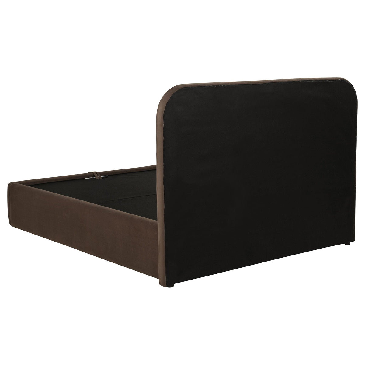Anders Chocolate Queen storage bed, rear view, upholstered back and closed platform