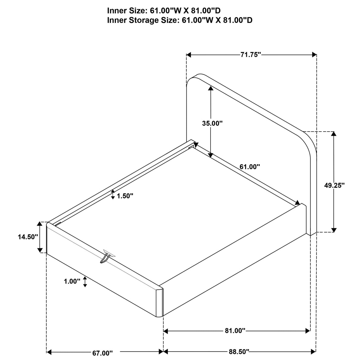 Anders Chocolate Queen storage lift bed dimensions chart, inner size and overall measurements