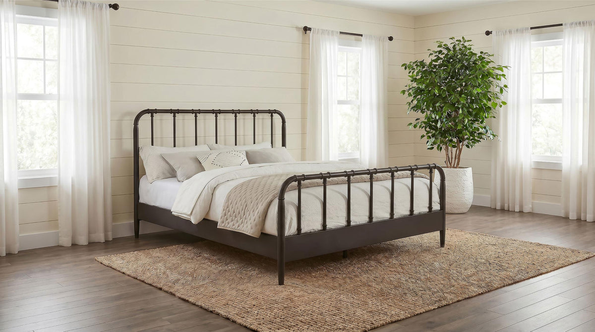 Rocco Dark Queen Bed, styled bedroom scene, dark bronze open-frame bed
