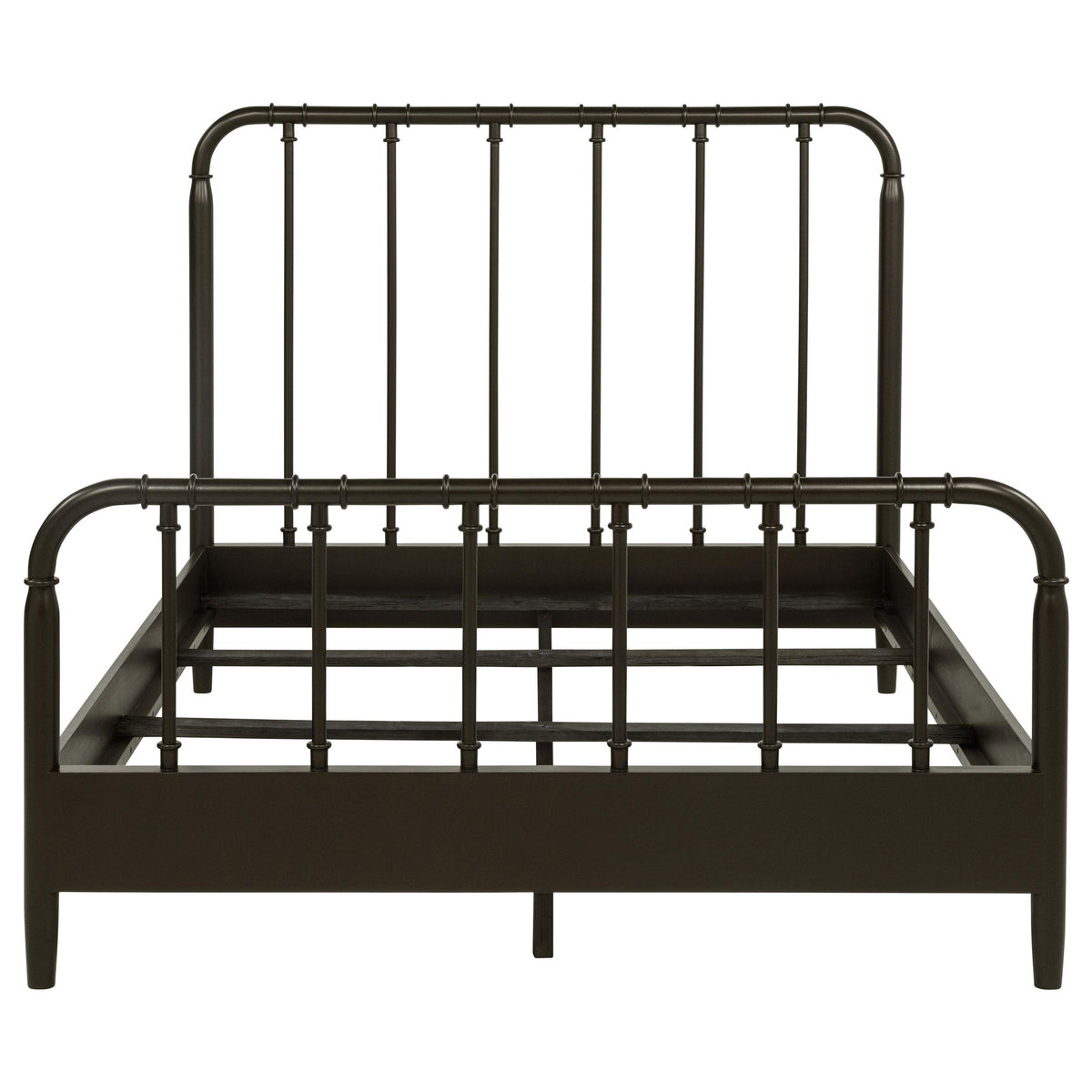 Rocco Dark Queen Bed frame, dark bronze open-frame design, front view