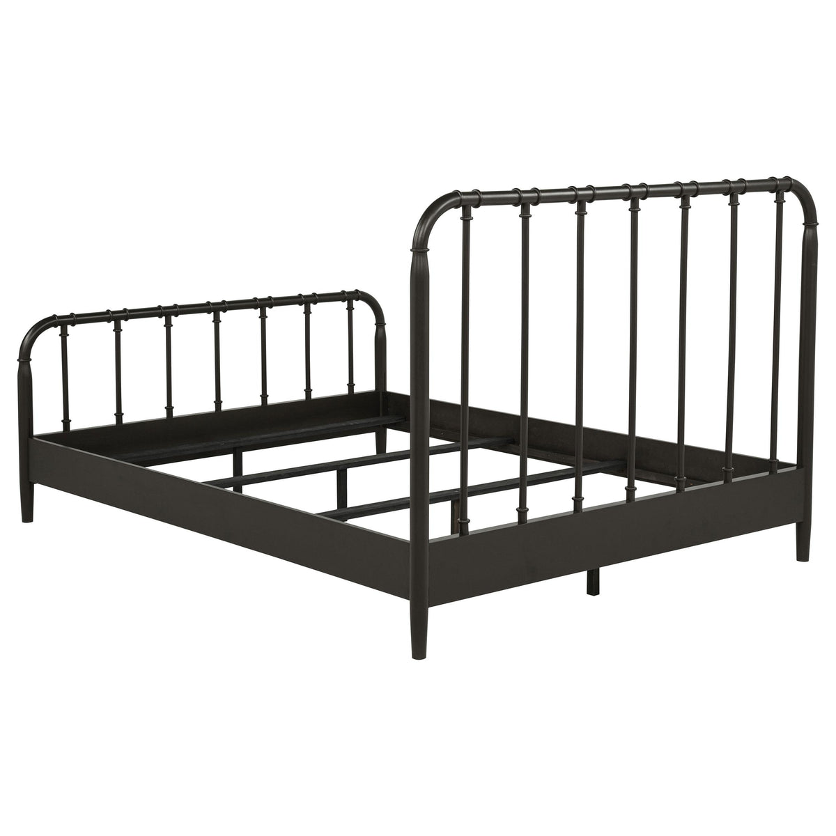 Rocco Dark Queen Bed frame, dark bronze side angle, open slat base