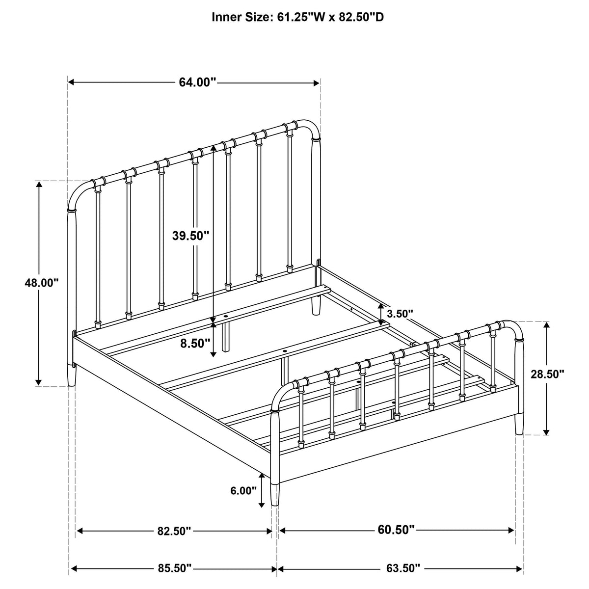 Rocco Dark Queen Bed frame, side profile with open slats, white background