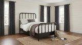 Rocco Dark Bronze Twin Bed, staged bedroom view with rug and curtains