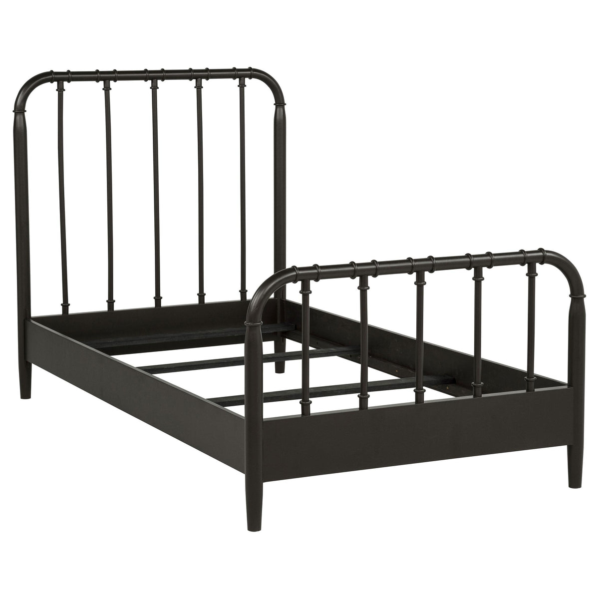 Rocco Dark Bronze Twin Bed, angled frame view, open pipe-style rails
