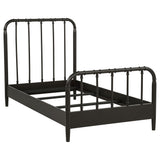 Rocco Dark Bronze Twin Bed, angled frame view, open pipe-style rails