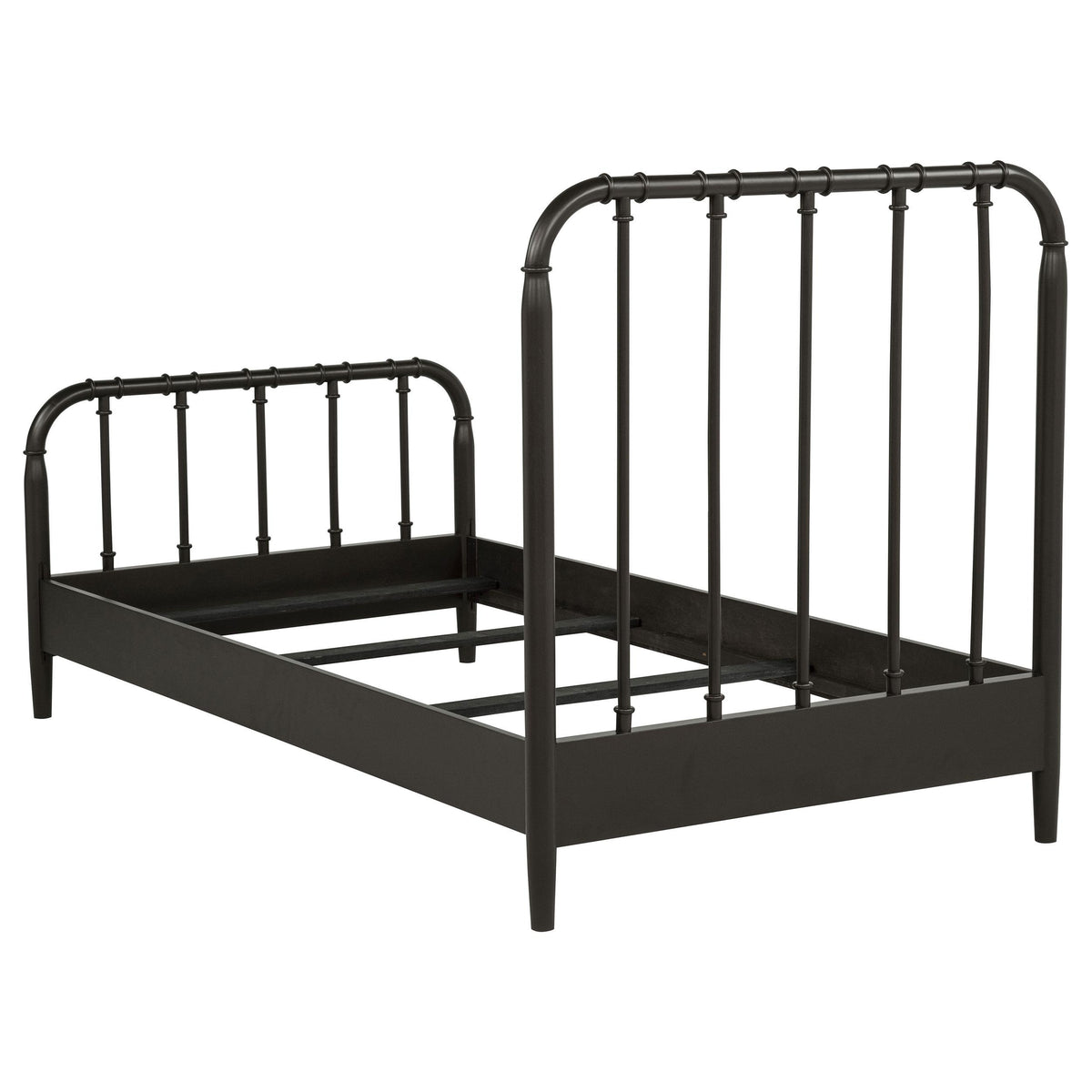 Rocco Dark Bronze Twin Bed frame, side profile, open headboard and footboard