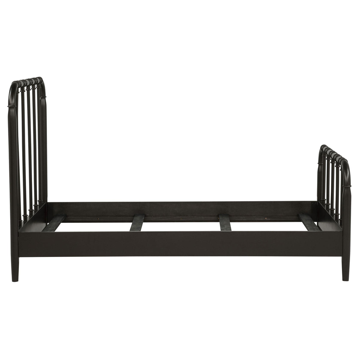 Rocco Dark Bronze Twin Bed frame, front three-quarter view, open slat base