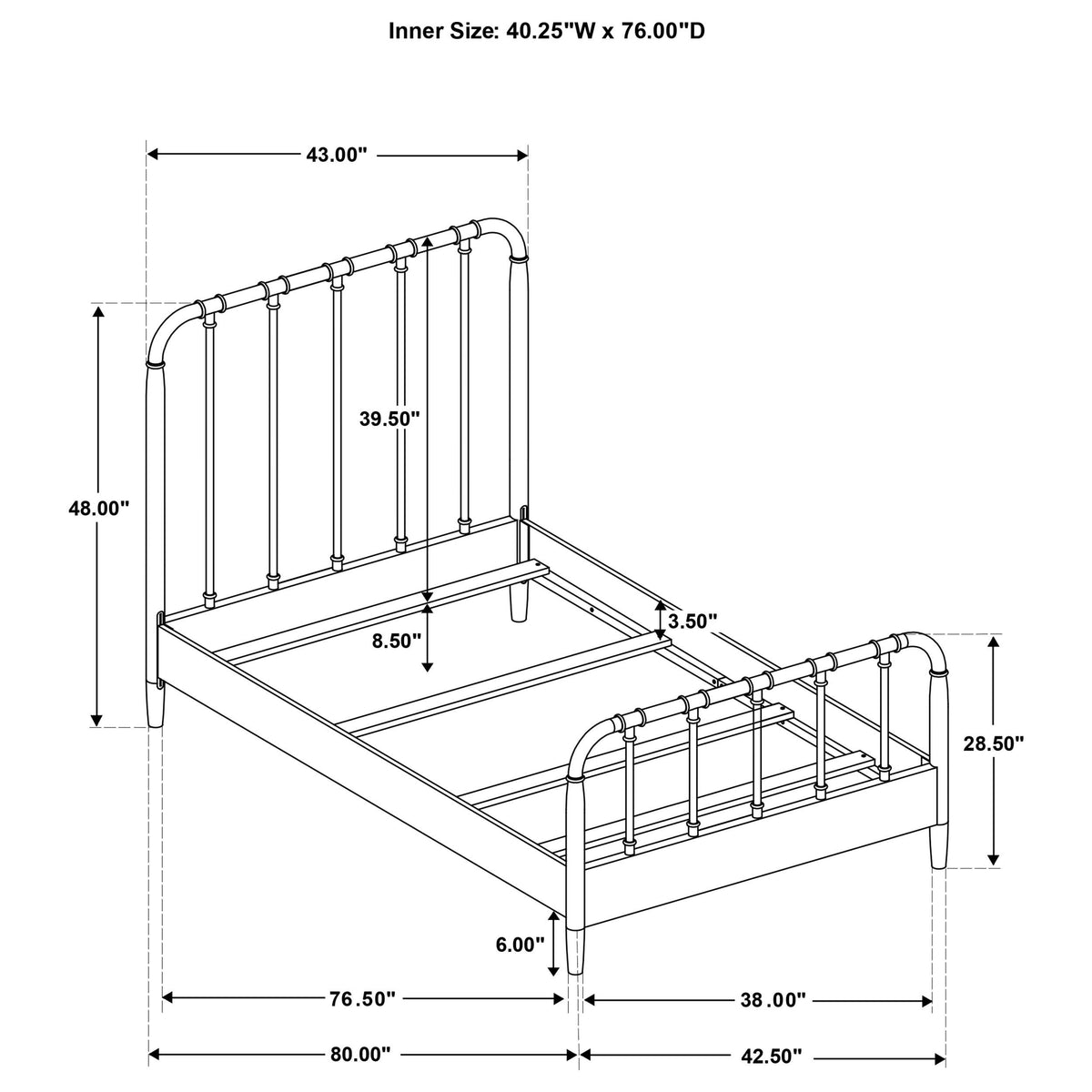 Rocco Dark Bronze Twin Bed frame, low side view, vertical pipe details