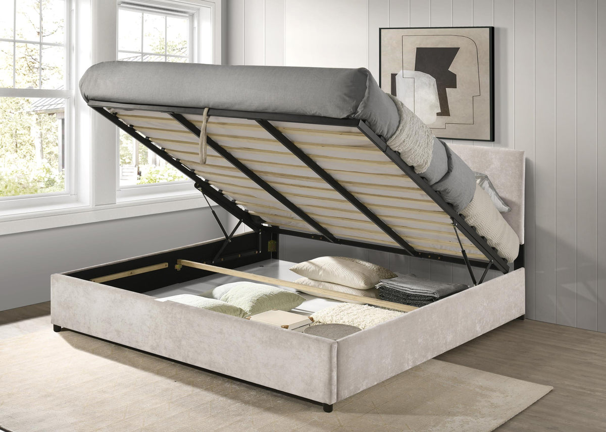 Reeves Beige Upholstered Eastern King Lift-Top Storage Platform Bed from Coaster - Luna Furniture