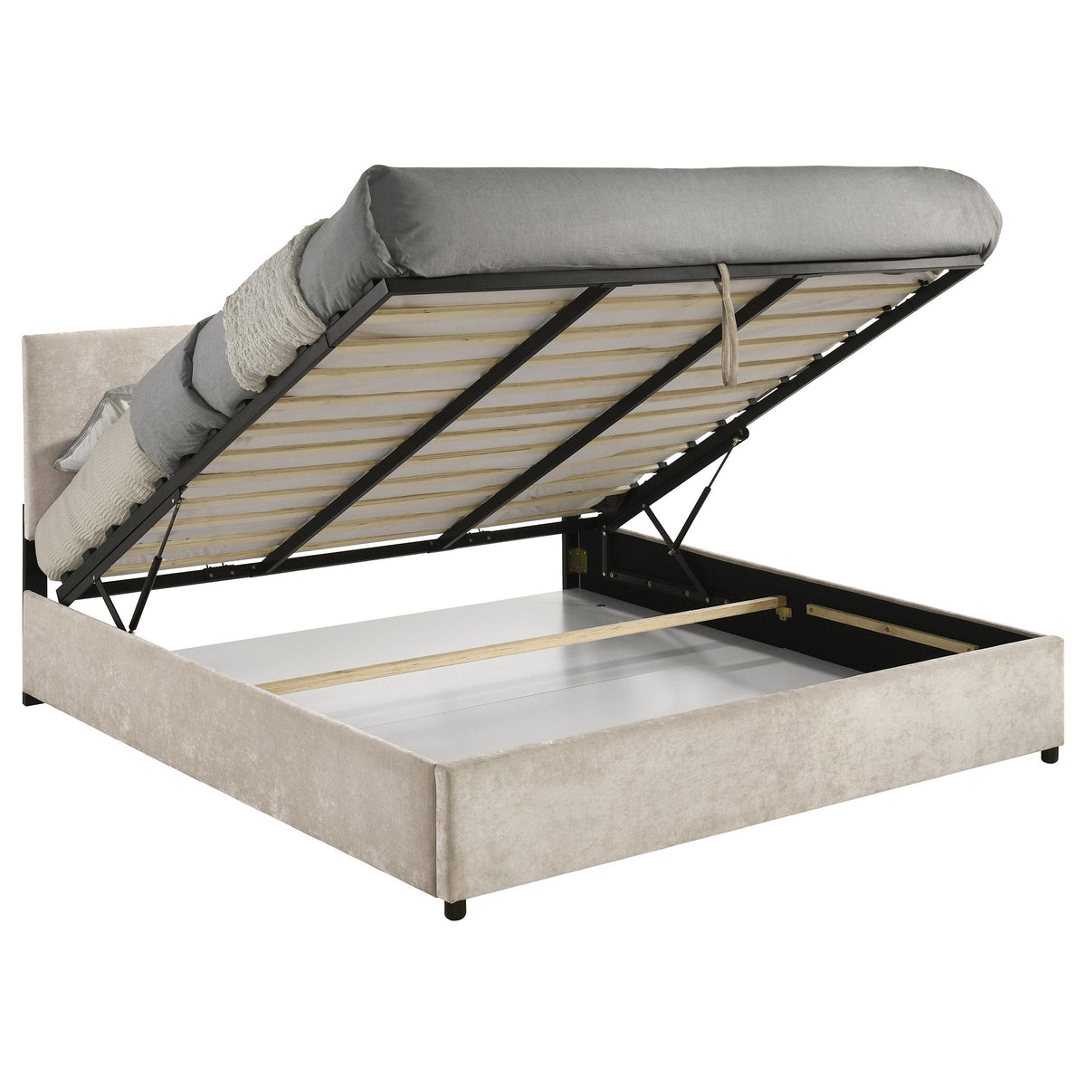 Reeves Beige Upholstered Eastern King Lift-Top Storage Platform Bed from Coaster - Luna Furniture