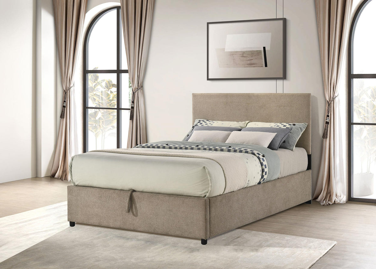 Reeves Tan Upholstered Full Lift-Top Storage Platform Bed from Coaster - Luna Furniture