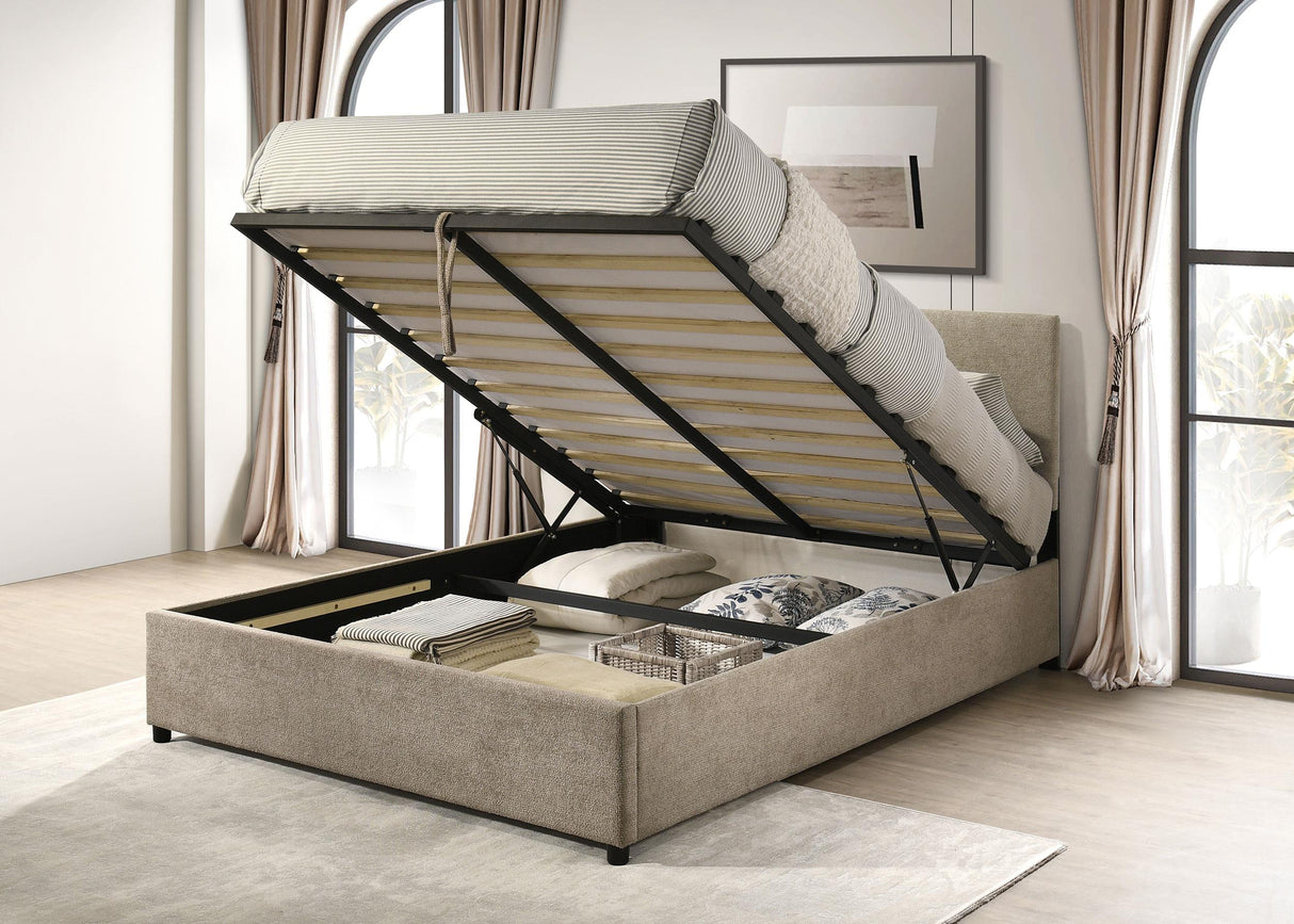 Reeves Tan Upholstered Eastern King Lift-Top Storage Platform Bed from Coaster - Luna Furniture
