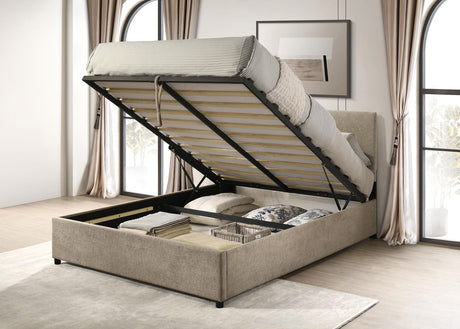 Reeves Tan Upholstered Lift-Top Storage Eastern King Platform Bed from Coaster - Luna Furniture