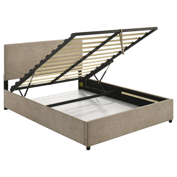 Reeves Tan Upholstered Lift-Top Storage Eastern King Platform Bed