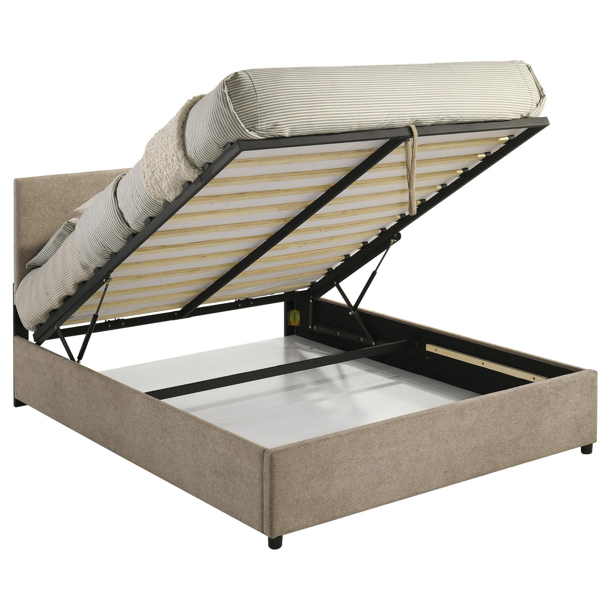 Reeves Tan Upholstered Eastern King Lift-Top Storage Platform Bed from Coaster - Luna Furniture