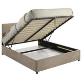 Reeves Tan Upholstered Eastern King Lift-Top Storage Platform Bed from Coaster - Luna Furniture
