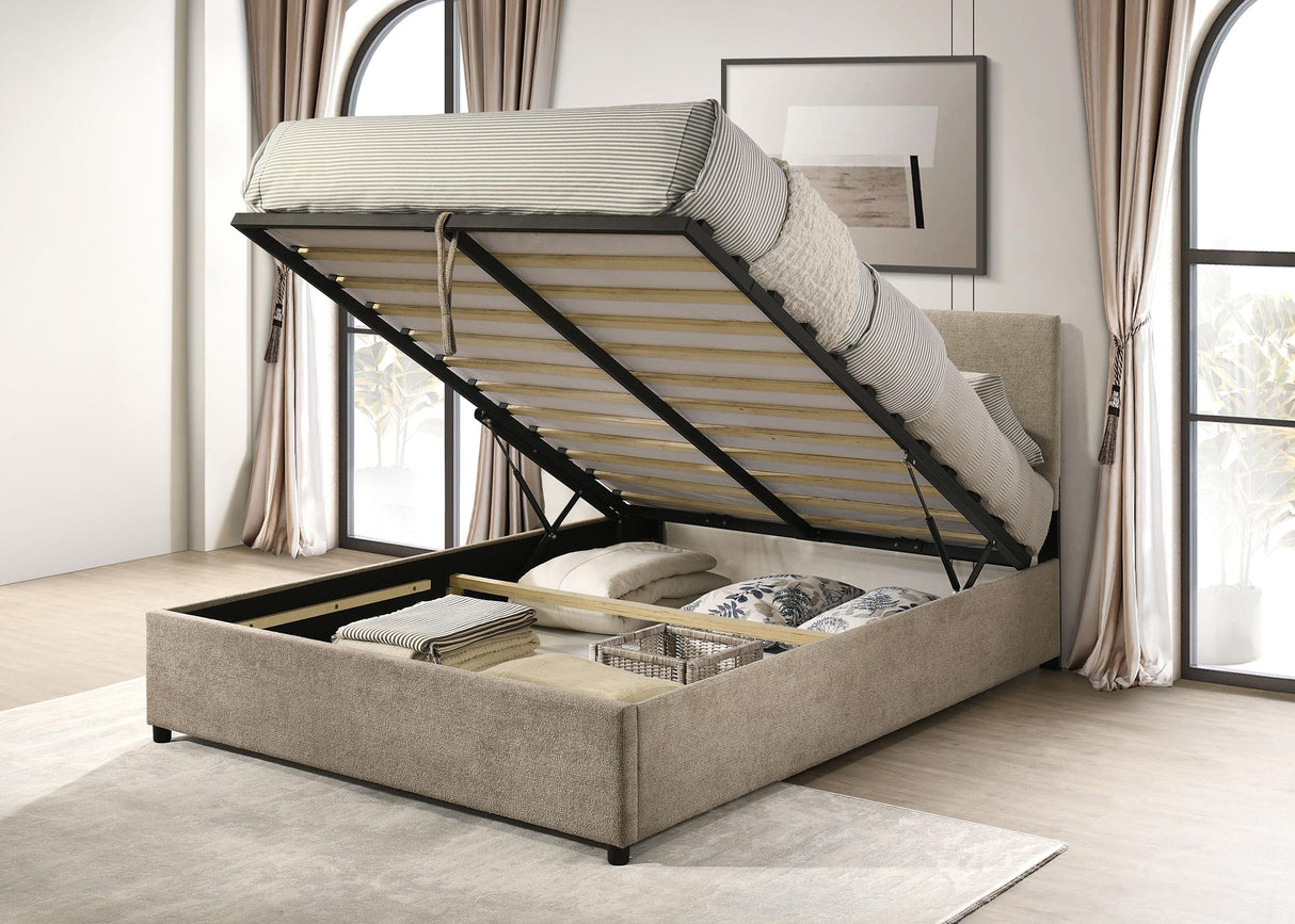 Reeves Tan Upholstered Queen Lift-Top Storage Platform Bed from Coaster - Luna Furniture