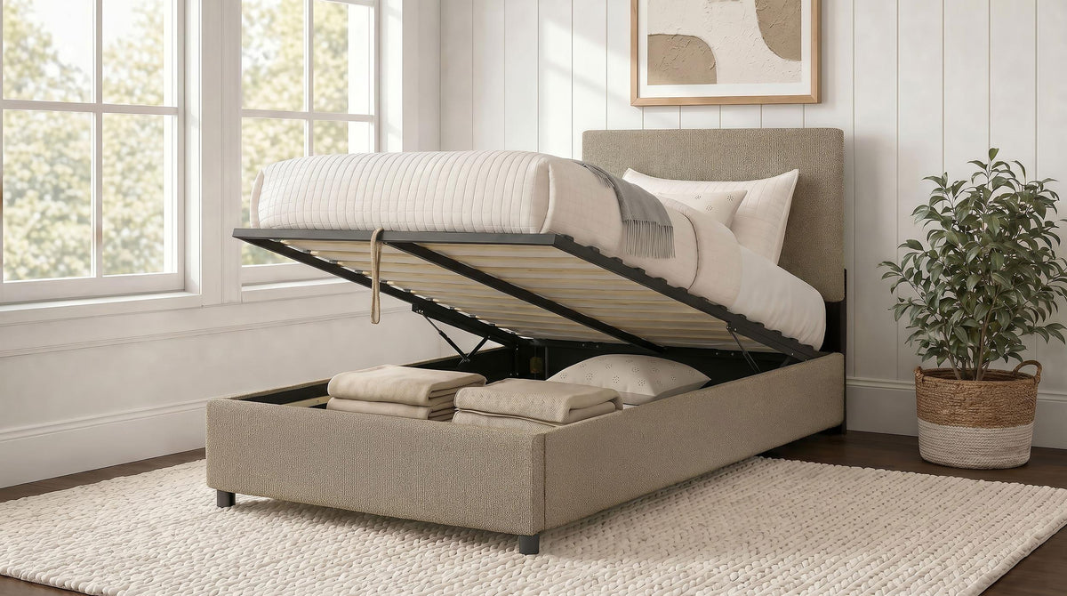 Reeves Tan Upholstered Twin Lift-Top Storage Platform Bed from Coaster - Luna Furniture