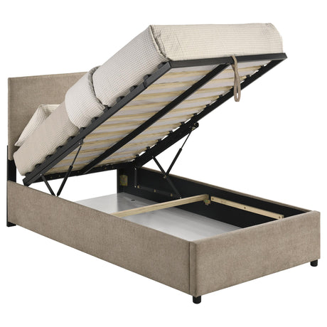 Reeves Tan Upholstered Twin Lift-Top Storage Platform Bed from Coaster - Luna Furniture