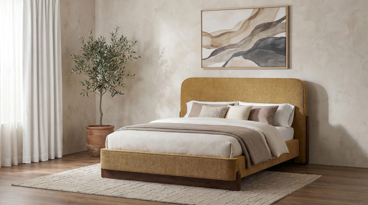 Baldacci Walnut / Curry Upholstered Queen Platform Bed from Coaster - Luna Furniture