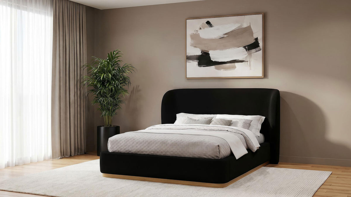 Blaire Black queen platform bed, black upholstery and natural wood finish swatch