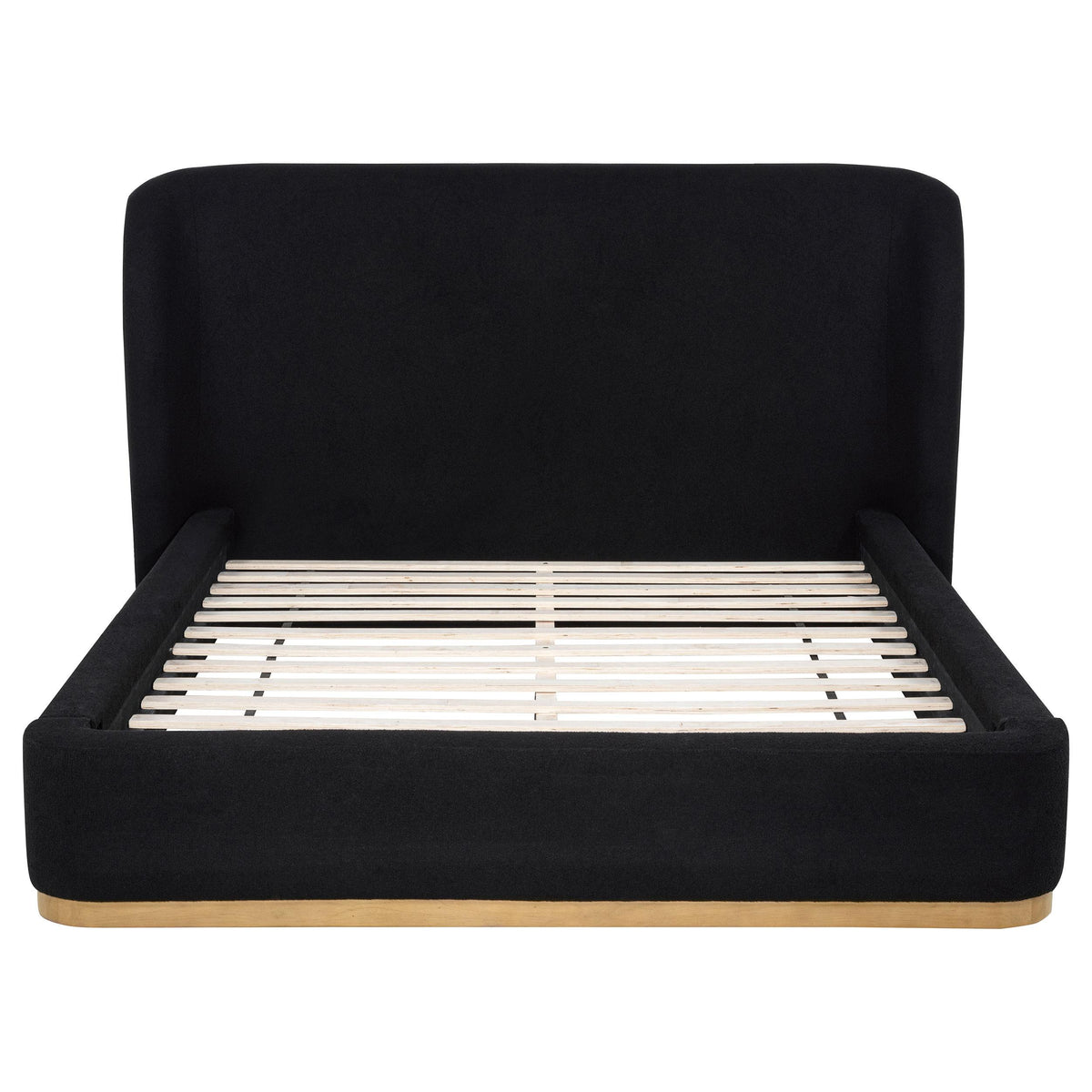 Blaire Black queen platform bed, slat support base and upholstered frame, front view