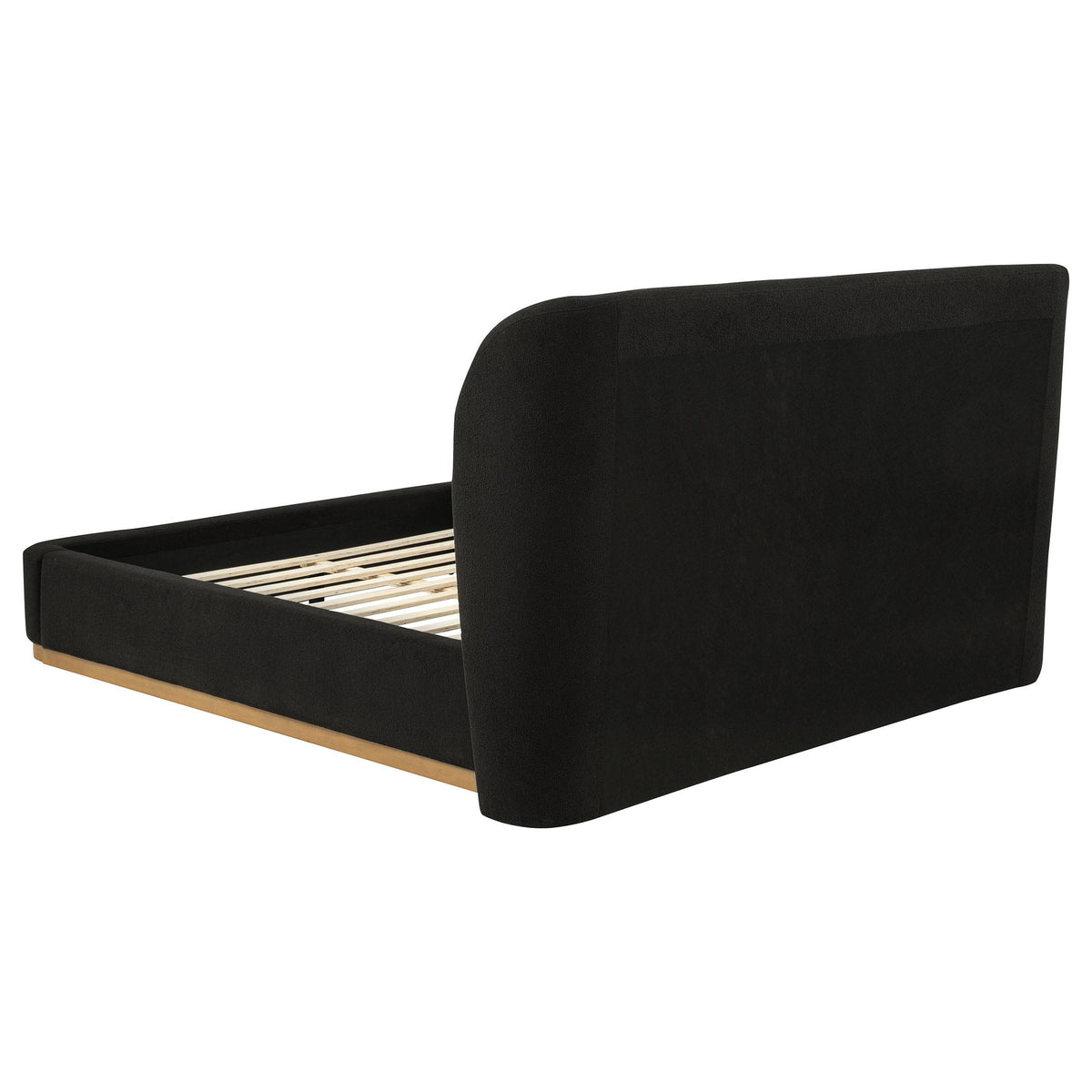 Blaire Black queen platform bed, angled view of upholstered frame and slat support