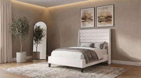Leslie Beige Full Tufted Wingback Platform Bed, staged bedroom view, channel-tufted headboard