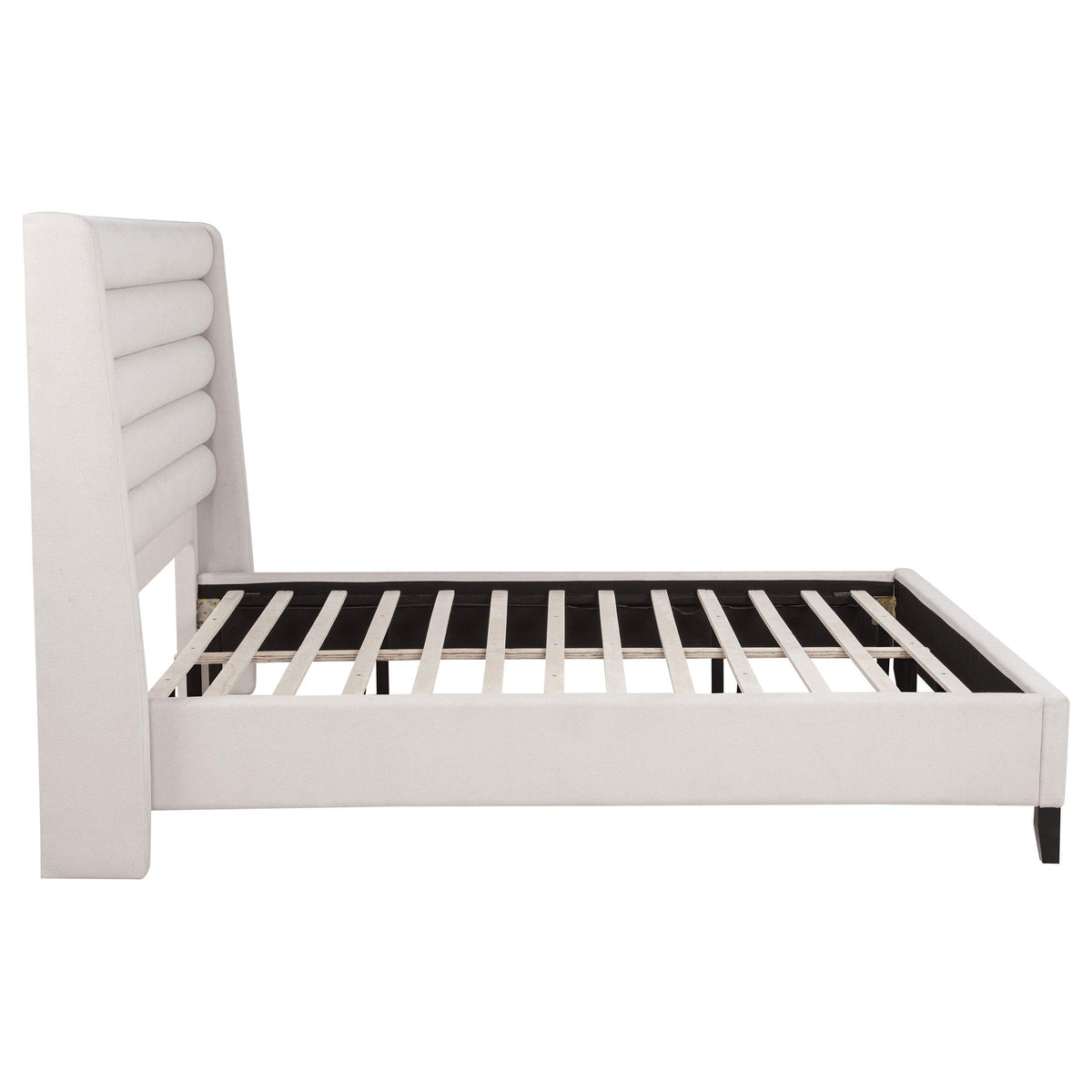 Leslie Beige California King Platform Bed, side profile with slat support, upholstered frame view