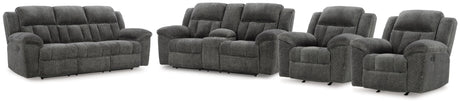 Frohn Graphite Reclining Sofa, Reclining Loveseat with Console and 2 Recliners from Ashley - Luna Furniture