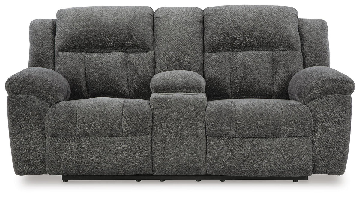 Frohn Graphite Reclining Loveseat with Console from Ashley - Luna Furniture