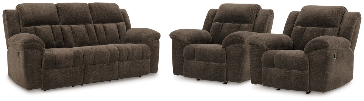 Frohn Chocolate Reclining Sofa and 2 Recliners from Ashley - Luna Furniture